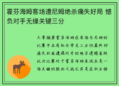 霍芬海姆客场遭尼姆绝杀痛失好局 憾负对手无缘关键三分